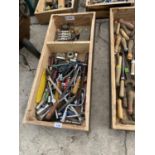 A WOODEN BOX OF VARIOUS TOOLS