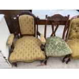 A VICTORIAN WALNUT OPEN ARMCHAIR AND SINGLE DINING CHAIR