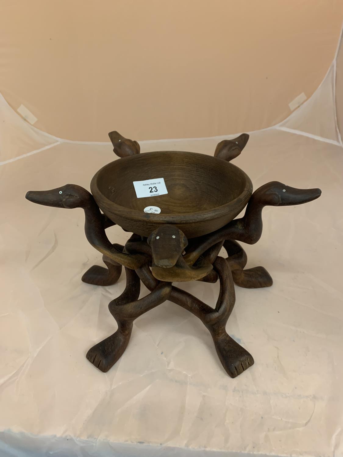 A WOODEN CARVED BOWL ON A STAND AND A FURTHER BOWL - Image 2 of 2