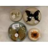 FOUR 1970'S BUTTERFLY AND FLOWER PAPERWEIGHTS