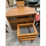 A TEAK NEST OF TABLES, TV CABINET AND DRESSING MIRROR