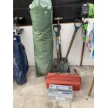 A TENT, GARDEN TOOLS, TOOL BOX, BATTERY ETC