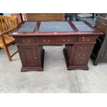 A MAHOGANY TWIN PEDESTAL DESK WITH ONE DOOR, SIX DRAWERS AND LEATHER WRITING SURFACE