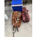 TWO PETROL CANS, VARIOUS SQUASH RACKETS AND A COOL BOX