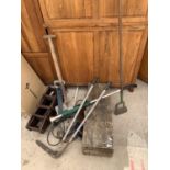 GARDEN TOOLS, A WOODEN BOX, TWO WINE RACKS ETC