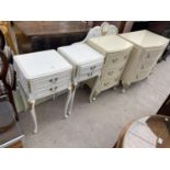 TWO FRENCH STYLE CREAM BEDSIDE CHESTS OF TWO DRAWERS, TWO SIMILAR SMALL CHESTS OF THREE DRAWERS