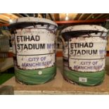 TWO MANCHESTER CITY ETHIAD STADIUM FOOTBALL STORAGE AND STACKING STOOLS