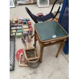 A VINTAGE KITCHEN STOOL AND VARIOUS TENNIS RACKETS