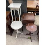 A PAINTED PLANT STAND, TWO WINE TABLES AND AN OAK SEWING BOX