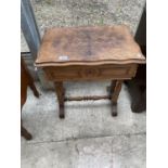 A VICTORIAN STYLE WALNUT SEWING TABLE WITH HINGED TOP AND CONCEALED DRAWER