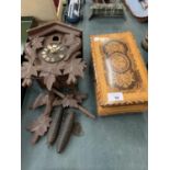 AN INLAID JEWELLERY BOX TOGETHER WITH WOODEN CUCKOO CLOCK