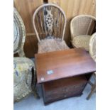 AN OAK WHEEL BACK DINING CHAIR AND A SMALL MAHOGANY BEDSIDE CABINET