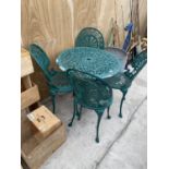 A CAST METAL GARDEN TABLE AND FOUR CHAIRS