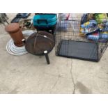 A DOG CAGE, FIRE PIT, TERRACOTTA CHIMNEY POT, PLUMBING PIPE AND SHOPPING BASKETS