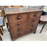 A NINETEENTH CENTURY MAHOGANY CHEST OF TWO SHORT AND THREE LONG DRAWERS (BURN MARK TO TOP)