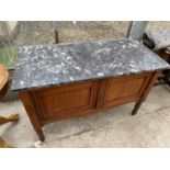 A VICTORIAN SATINWOOD WASHSTAND WITH TWO DOORS AND MARBLE TOP