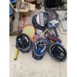 VARIOUS TENNIS RACKETS, BIKE HELMETS ETC