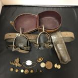 VARIOUS MILITARY ITEMS TO INCLUDE BADGES, SPURS, BELT ETC