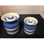 TWO T G GREEN POTTERY WHITE AND BLUE STRIPED GINGER JARS