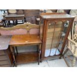 A SMALL OAK OCCASIONAL TABLE AND A CHINA CABINET