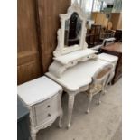 A FRENCH STYLE CREAM DRESSING TABLE, DRESSING STOOL AND TWO BEDSIDE CHESTS OF TWO DRAWERS ON