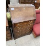 A GEORGE III STYLE OAK BUREAU WITH FALL FRONT, FOUR DRAWERS AND FITTED INTERIOR