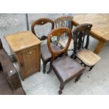 A VICTORIAN ASH BEDSIDE LOCKER, TWO KITCHEN CHAIRS AND TWO BALLOON BACK CHAIRS