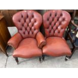 TWO BUTTON BACK LEATHER PARLOUR CHAIRS