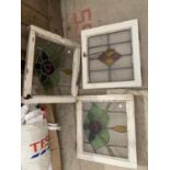 THREE WOODEN FRAMED STAINED GLASS PANELS