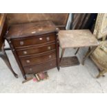 A SMALL MAHOGANY CHEST OF FOUR DRAWERS AND A CARVED MAHOGANY TWO TIER OCCASIONAL TABLE