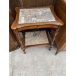A MAHOGANY TWO TIER OCCASIONAL TABLE WITH INSET MARBLE DRESSING SLIDE AND LOWER SHELF