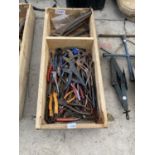A WOODEN BOX OF VARIOUS TOOLS