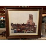 A FRAMED PRINT OF LIVERPOOL CATHEDRAL - SPRING MORNING PENCIL SIGNED DAVID SHEPPARD TO LOWER RIGHT