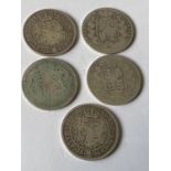 FIVE PRE 1920 HALF CROWNS - FOUR BEING VICTORIAN