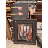 A CANVAS STILL LIFE PRINT OF TULIPS AND A FRAMED PICTURE
