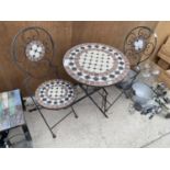 A METAL BISTRO TABLE WITH MOSAIC TILED TOP AND TWO MATCHING CHAIRS