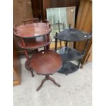 A MAHOGANY WINE TABLE, TWO WHATNOTS AND AN UNFRAMED BEVEL EDGE MIRROR