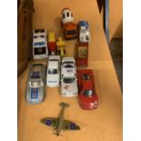 A COLLECTION OF VARIOUS TOY CARS, CEMENT MIXER AND A PLANE ETC