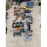 VARIOUS TOOLS - HAMMERS, AXE, DRILL STAND ETC