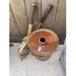 A LARGE LIDDED STONEWARE VESSEL AND THREE VINTAGE TENNIS RACKETS