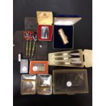 QUANTITY OF VINTAGE LIGHTERS, DARTS AND CIGARETTE BOX