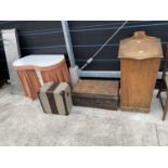 A VICTORIAN PINE LINEN CHEST WITH HINGED LID, TIN TRUNK, CARRY CASE AND KIDNEY SHAPED DRESSING TABLE