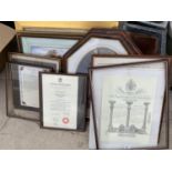 VARIOUS FRAMED PICTURES TO INCLUDE GRAND LODGE MARK OF MASTER MASONS, PICTURES, MIRROR ETC