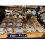 A LARGE COLLECTION OF CERAMICS, GLASSWARE, EGG CROCK, JUGS ETC