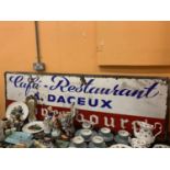 A VINTAGE ENAMEL FRENCH RESTAURANT SIGN 'CAFE RESTAURANT A. DACEUX KRONENBOURG' 200CM X 60CM