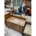 A RETRO WALNUT DRESSING TABLE ON CABRIOLE SUPPORTS WITH TWO DRAWERS AND UPPER THREE SECTION UNFRAMED
