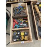 A WOODEN BOX OF VARIOUS TOOLS