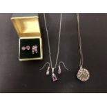 COSTUME JEWELLERY LOT, TO INCLUDE PURPLE PASTE SET LOCKET AND NECKLACES AND MATCHING EARRINGS AND