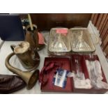 VARIOUS ITEMS TO INCLUDE AN EPNS SERVING DISH, BRASS HORN, GLASSES ETC