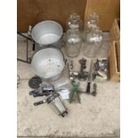 FOUR DEMIJOHNS, VINTAGE MINCERS ALLOY JAM PANS ETC